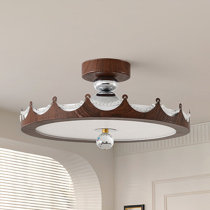 Traditional French Iron Faux Woodgrain Acrylic Crown Shade LED Semi-Flush Mount Ceiling Light For Living Room
