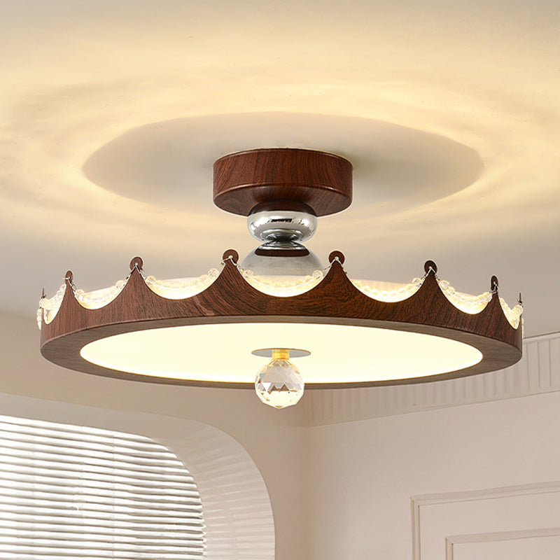 Traditional French Iron Faux Woodgrain Acrylic Crown Shade LED Semi-Flush Mount Ceiling Light For Living Room