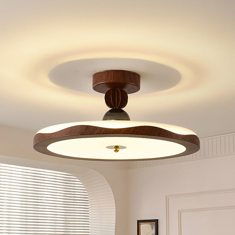 Traditional French Iron Faux Woodgrain Acrylic Crown Shade LED Semi-Flush Mount Ceiling Light For Living Room
