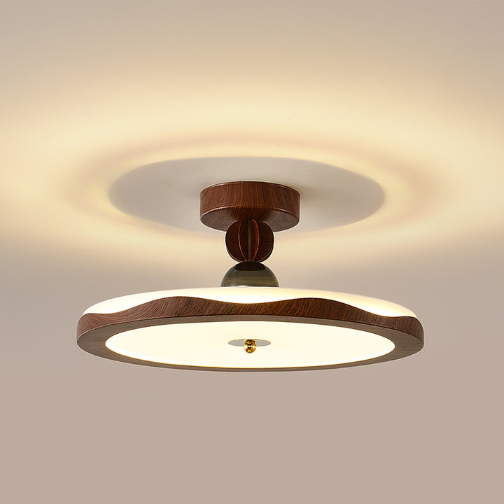 Traditional French Iron Faux Woodgrain Acrylic Crown Shade LED Semi-Flush Mount Ceiling Light For Living Room