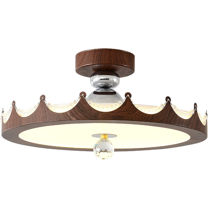 Traditional French Iron Faux Woodgrain Acrylic Crown Shade LED Semi-Flush Mount Ceiling Light For Living Room