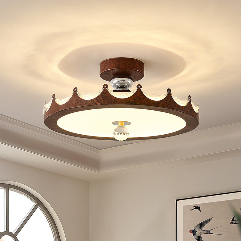 Traditional French Iron Faux Woodgrain Acrylic Crown Shade LED Semi-Flush Mount Ceiling Light For Living Room