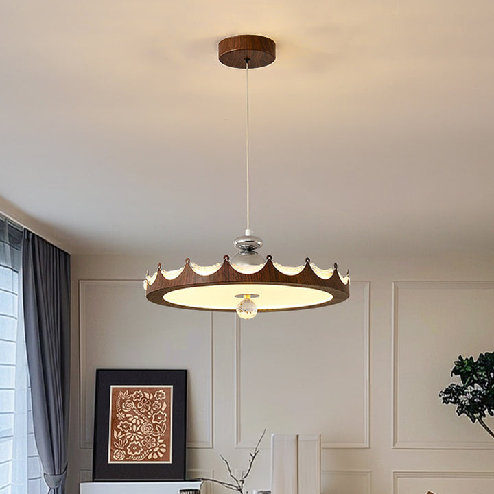 Traditional French Iron Faux Woodgrain Acrylic Crown Shade LED Pendant Light For Living Room