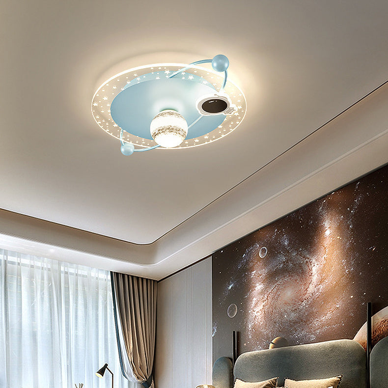 Contemporary Scandinavian Round Cartoon Astronaut Planet Iron Acrylic LED Flush Mount Ceiling Light For Bedroom