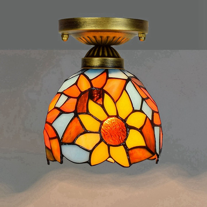 Traditional Tiffany Stained Glass Sunflower Round Shade Iron 1-Light Semi-Flush Mount Ceiling Light For Living Room