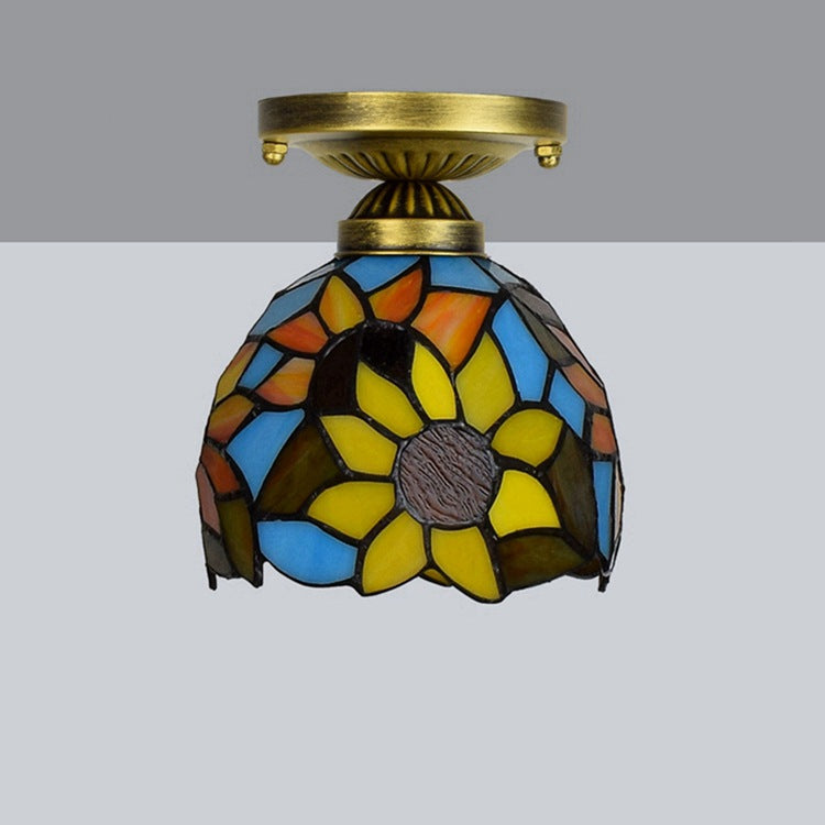 Traditionelle Tiffany-Buntglas-Sonnenblume Rundschirm Eisen 1-Licht Semi-Flush Mount Deckenleuchte Für Wohnzimmer 