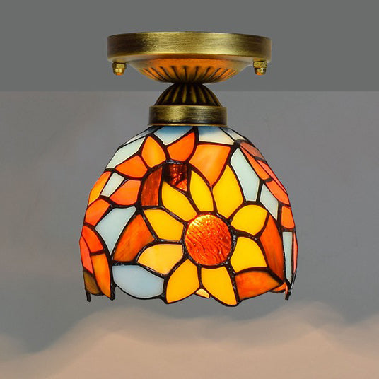Traditional Tiffany Stained Glass Sunflower Round Shade Iron 1-Light Semi-Flush Mount Ceiling Light For Living Room