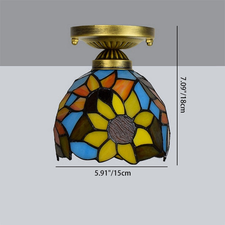 Traditional Tiffany Stained Glass Sunflower Round Shade Iron 1-Light Semi-Flush Mount Ceiling Light For Living Room