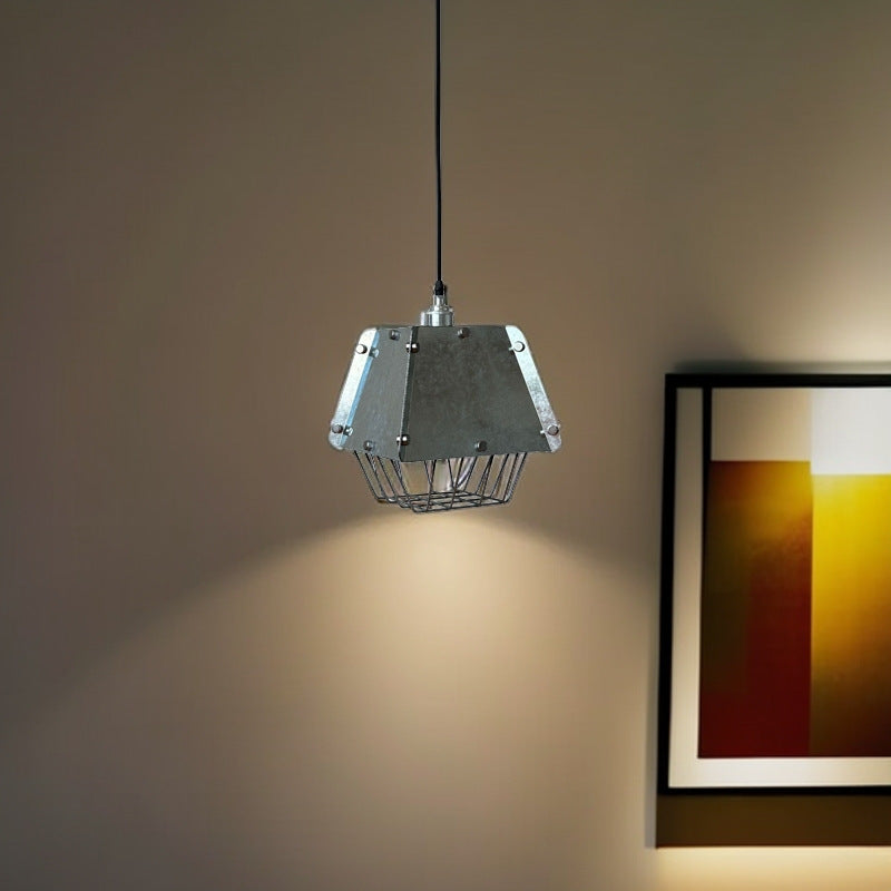 Contemporain Industriel Acier Inoxydable Colonne Géométrique Suspension Luminaire 1-Lumière Pour Salon 