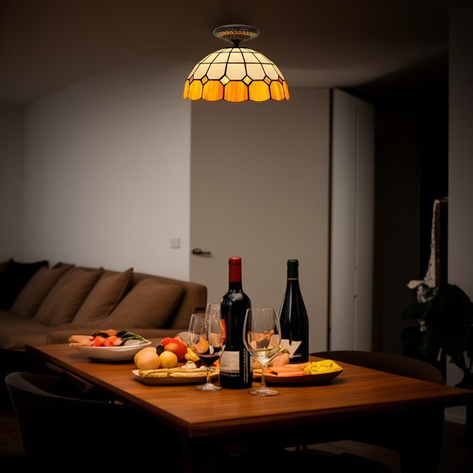 Traditionelle Tiffany-Buntglas-Kuppelschirm 1-Licht Halbeinbau-Deckenleuchte für Wohnzimmer 