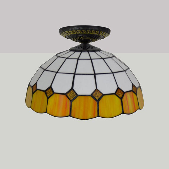 Traditional Tiffany Stained Glass Dome Shade 1-Light Semi-Flush Mount Ceiling Light For Living Room