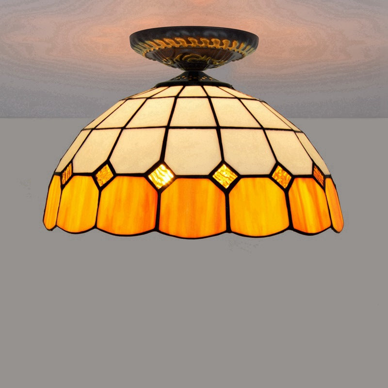 Traditional Tiffany Stained Glass Dome Shade 1-Light Semi-Flush Mount Ceiling Light For Living Room