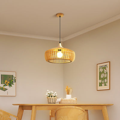Lustre suspendu à 1 lumière en bois massif japonais traditionnel avec cage ronde ajourée pour salon 