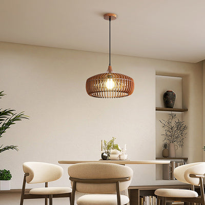 Lustre suspendu à 1 lumière en bois massif japonais traditionnel avec cage ronde ajourée pour salon 