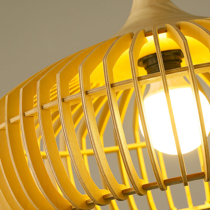 Lustre suspendu à 1 lumière en bois massif japonais traditionnel avec cage ronde ajourée pour salon 