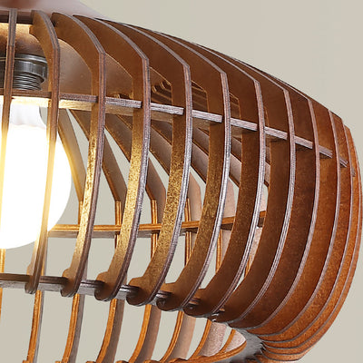 Lustre suspendu à 1 lumière en bois massif japonais traditionnel avec cage ronde ajourée pour salon 