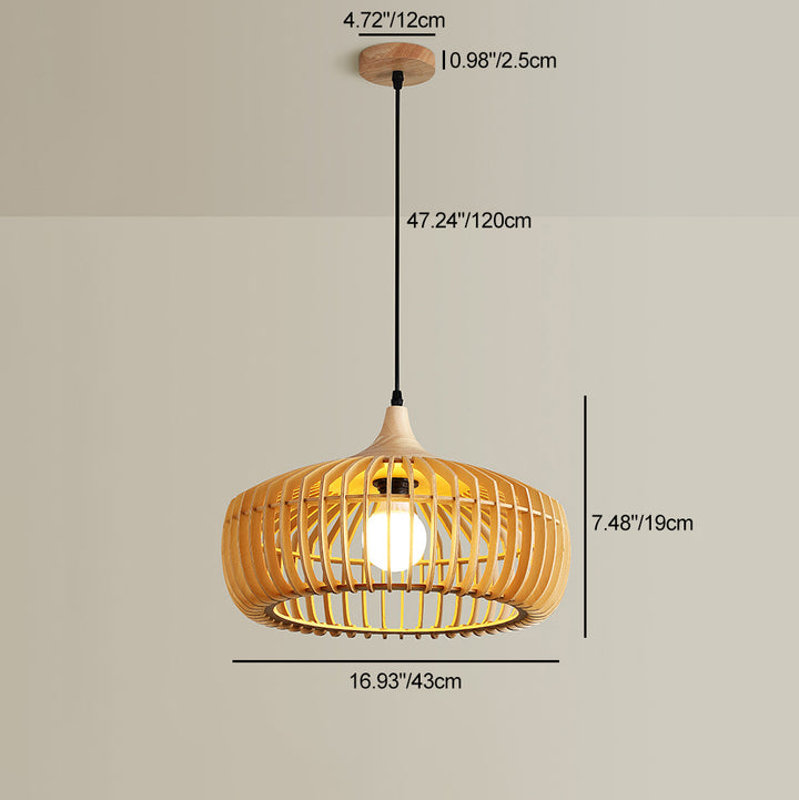 Traditional Japanese Solid Wood Hollow Out Round Cage 1-Light Pendant Light For Living Room