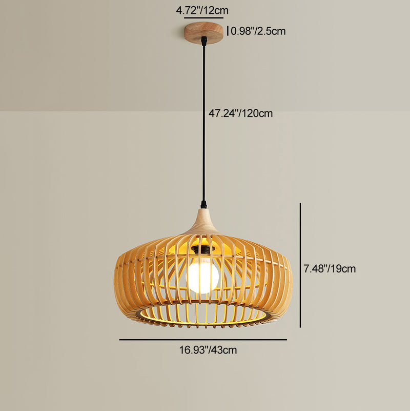 Lustre suspendu à 1 lumière en bois massif japonais traditionnel avec cage ronde ajourée pour salon 