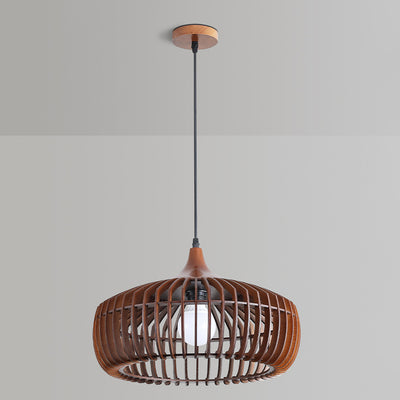 Lustre suspendu à 1 lumière en bois massif japonais traditionnel avec cage ronde ajourée pour salon 