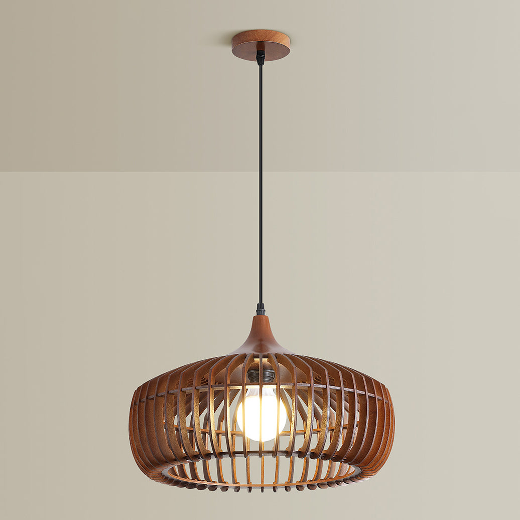 Traditional Japanese Solid Wood Hollow Out Round Cage 1-Light Pendant Light For Living Room