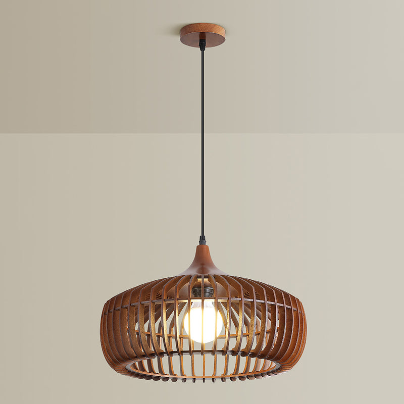 Lustre suspendu à 1 lumière en bois massif japonais traditionnel avec cage ronde ajourée pour salon 