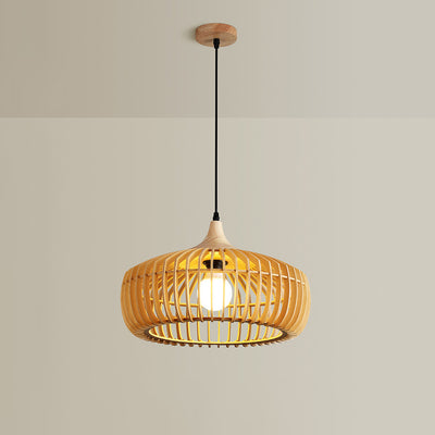 Lustre suspendu à 1 lumière en bois massif japonais traditionnel avec cage ronde ajourée pour salon 