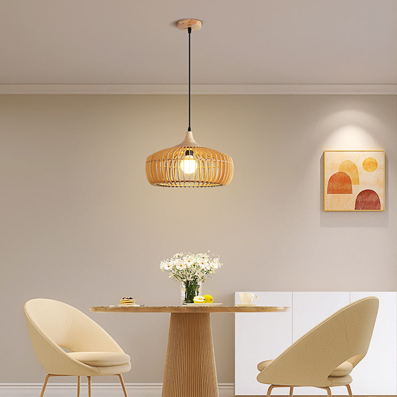 Traditional Japanese Solid Wood Hollow Out Round Cage 1-Light Pendant Light For Living Room