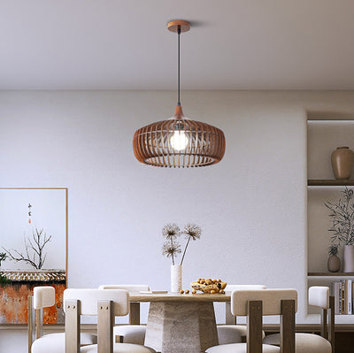 Lustre suspendu à 1 lumière en bois massif japonais traditionnel avec cage ronde ajourée pour salon 