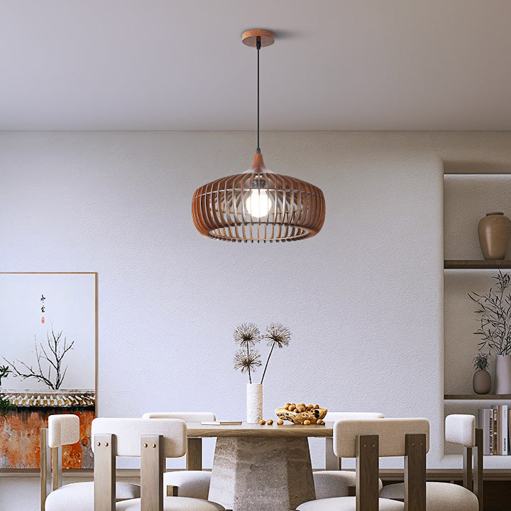 Lustre suspendu à 1 lumière en bois massif japonais traditionnel avec cage ronde ajourée pour salon 