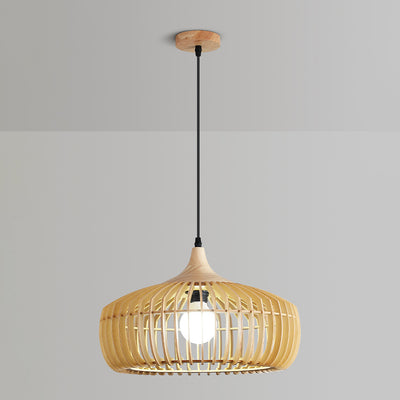 Lustre suspendu à 1 lumière en bois massif japonais traditionnel avec cage ronde ajourée pour salon 