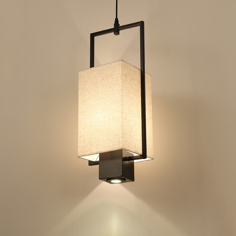 Pantalla de columna de tela con marco de hierro chino tradicional, luz colgante de 2 luces, foco para sala de estar 