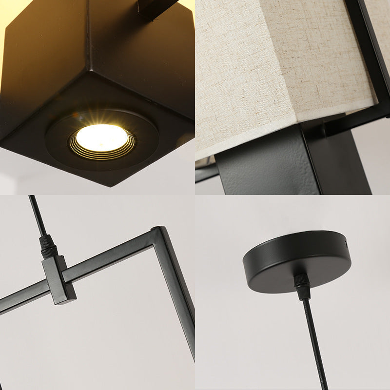 Pantalla de columna de tela con marco de hierro chino tradicional, luz colgante de 2 luces, foco para sala de estar 