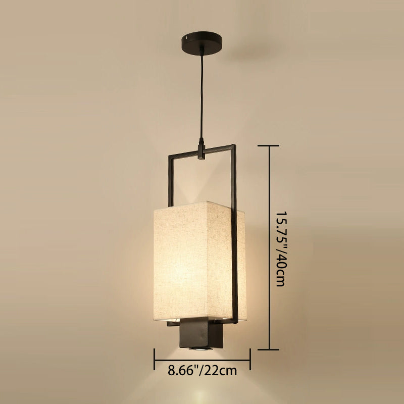 Pantalla de columna de tela con marco de hierro chino tradicional, luz colgante de 2 luces, foco para sala de estar 