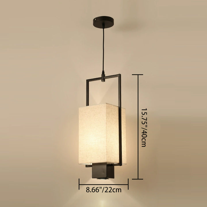 Pantalla de columna de tela con marco de hierro chino tradicional, luz colgante de 2 luces, foco para sala de estar 