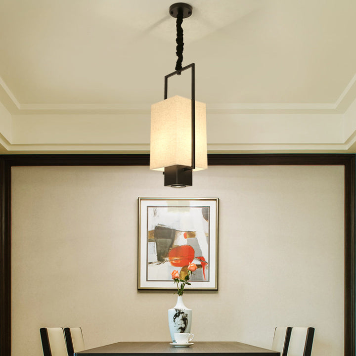 Pantalla de columna de tela con marco de hierro chino tradicional, luz colgante de 2 luces, foco para sala de estar 