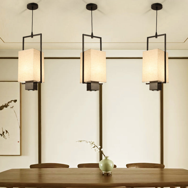 Pantalla de columna de tela con marco de hierro chino tradicional, luz colgante de 2 luces, foco para sala de estar 