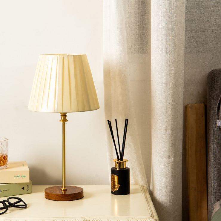Modern Transitional Pleated Fabric Round Shade Solid Wood 1-Light Table Lamp For Bedroom