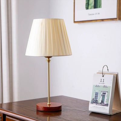 Modern Transitional Pleated Fabric Round Shade Solid Wood 1-Light Table Lamp For Bedroom