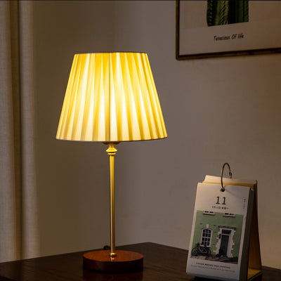 Modern Transitional Pleated Fabric Round Shade Solid Wood 1-Light Table Lamp For Bedroom