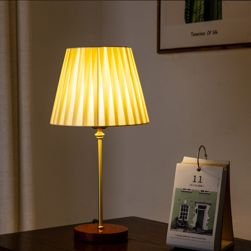 Modern Transitional Pleated Fabric Round Shade Solid Wood 1-Light Table Lamp For Bedroom