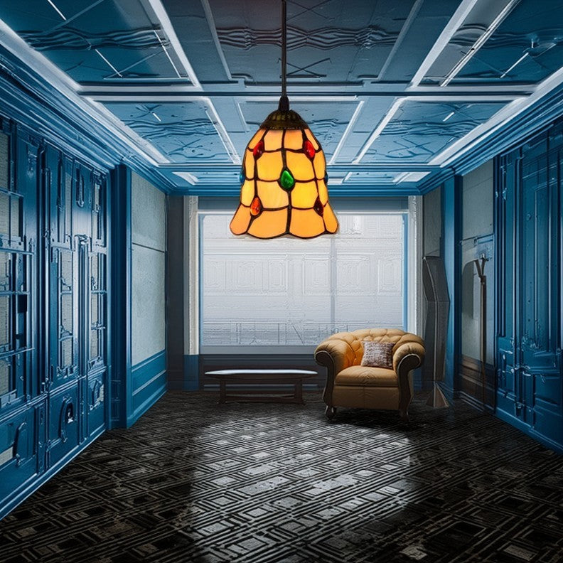Traditionelle Tiffany-Buntglas-Tulpen-Schirm Eisen 1-Licht Pendelleuchte für Wohnzimmer 