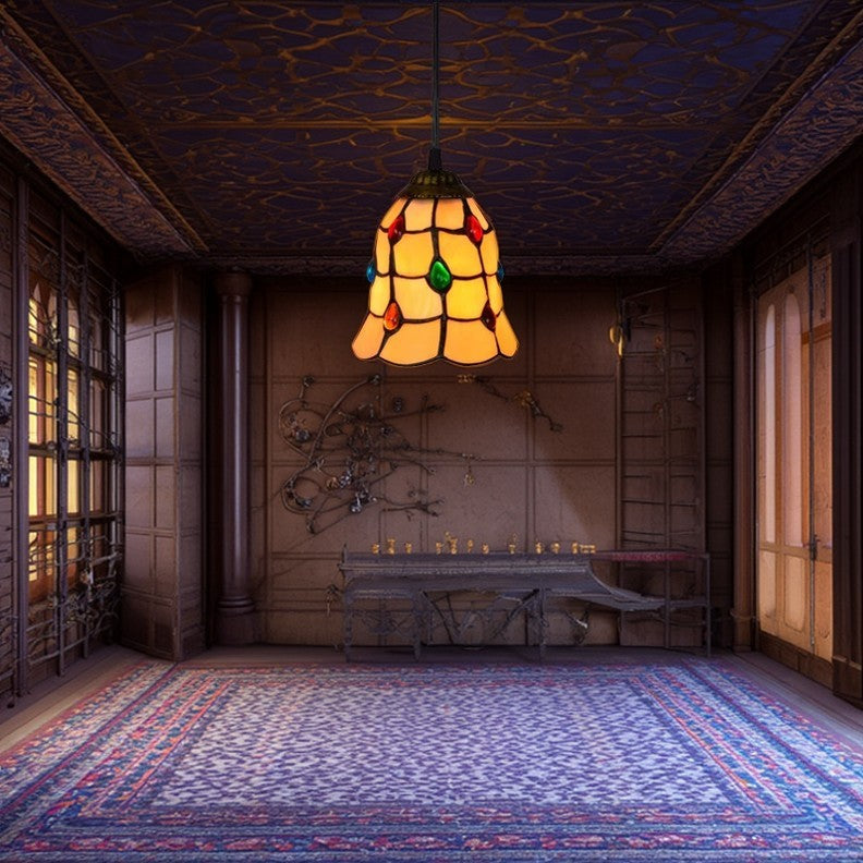 Traditionelle Tiffany-Buntglas-Tulpen-Schirm Eisen 1-Licht Pendelleuchte für Wohnzimmer 
