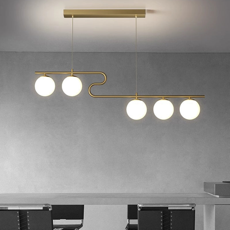 Modern Mid-Century Iron Straight Line Glass Ball Shade 5-Light Pendant Light Island Light For Living Room
