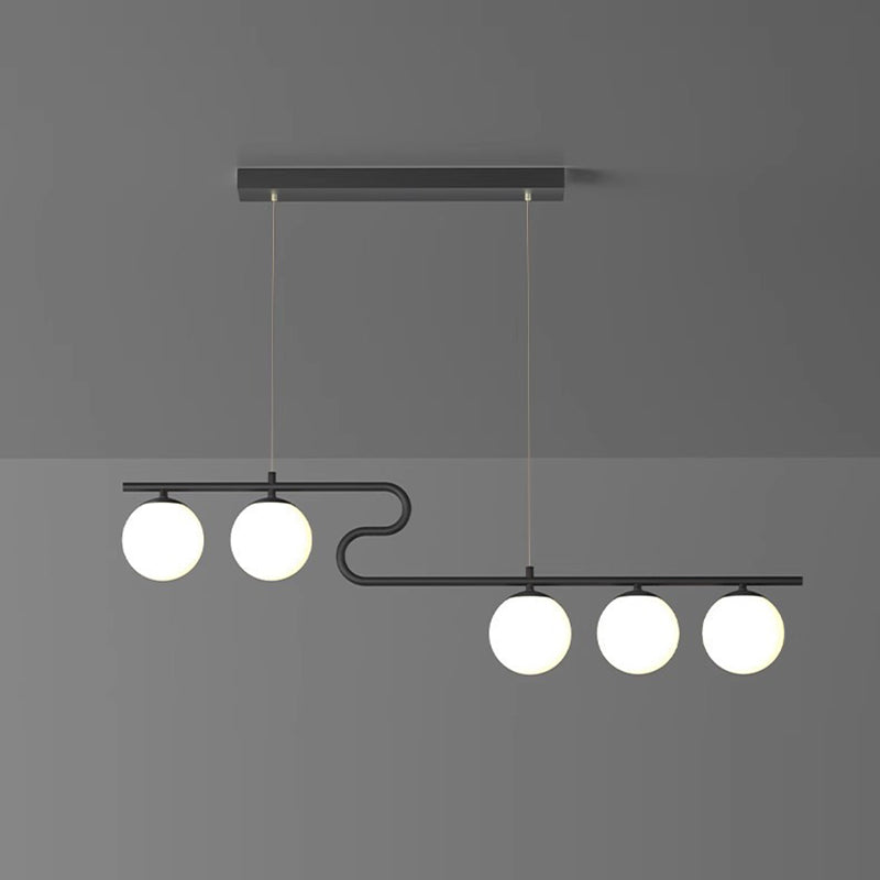 Modern Mid-Century Iron Straight Line Glass Ball Shade 5-Light Pendant Light Island Light For Living Room