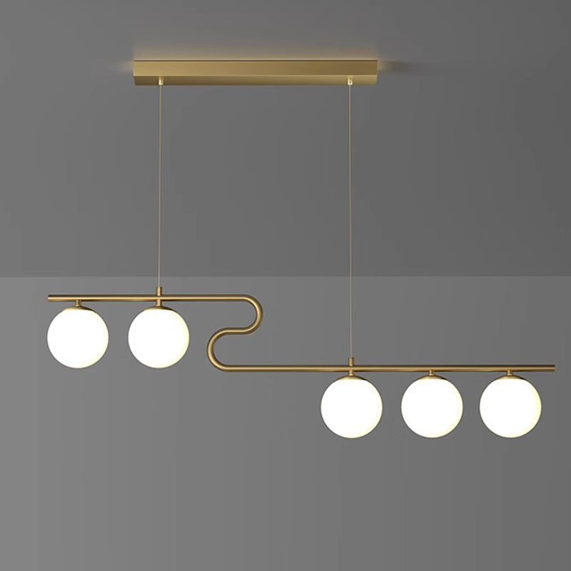Modern Mid-Century Iron Straight Line Glass Ball Shade 5-Light Pendant Light Island Light For Living Room
