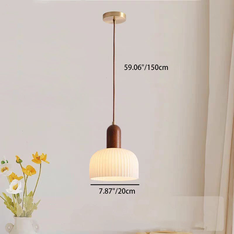 Traditional French Ripple Glass Semicircle Shade Solid Wood 1-Light Pendant Light For Living Room