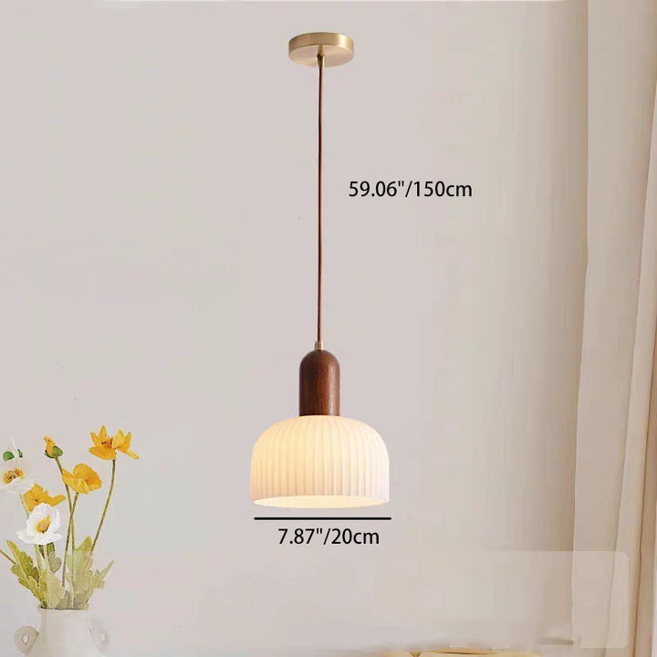 Traditional French Ripple Glass Semicircle Shade Solid Wood 1-Light Pendant Light For Living Room