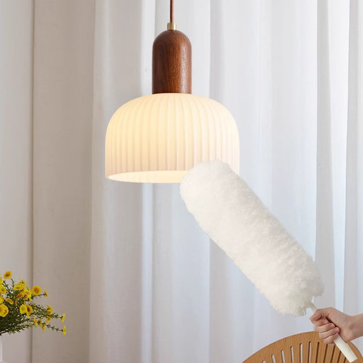 Traditional French Ripple Glass Semicircle Shade Solid Wood 1-Light Pendant Light For Living Room