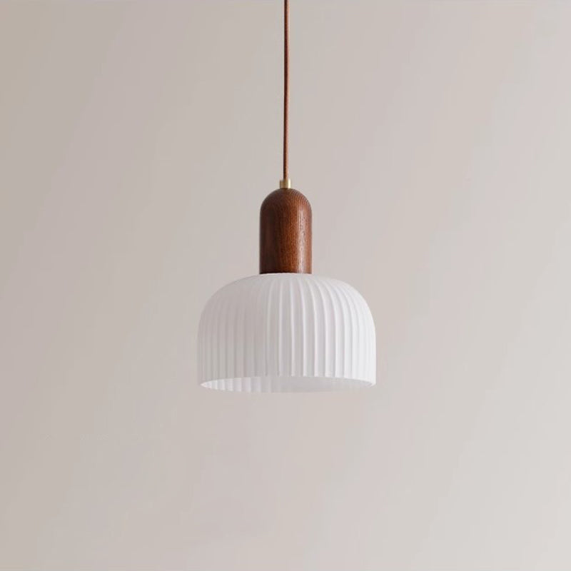 Traditional French Ripple Glass Semicircle Shade Solid Wood 1-Light Pendant Light For Living Room