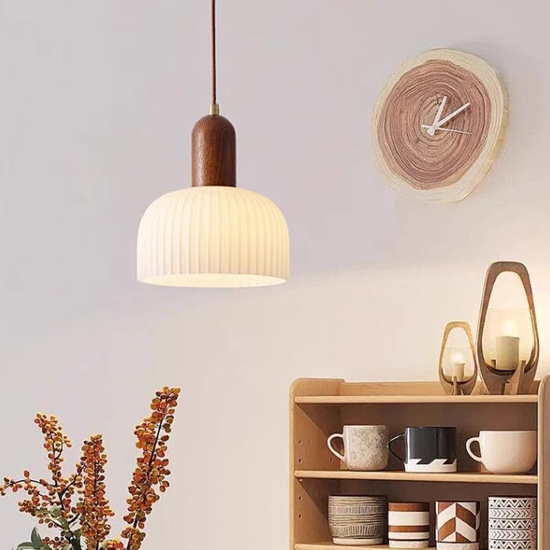 Traditional French Ripple Glass Semicircle Shade Solid Wood 1-Light Pendant Light For Living Room